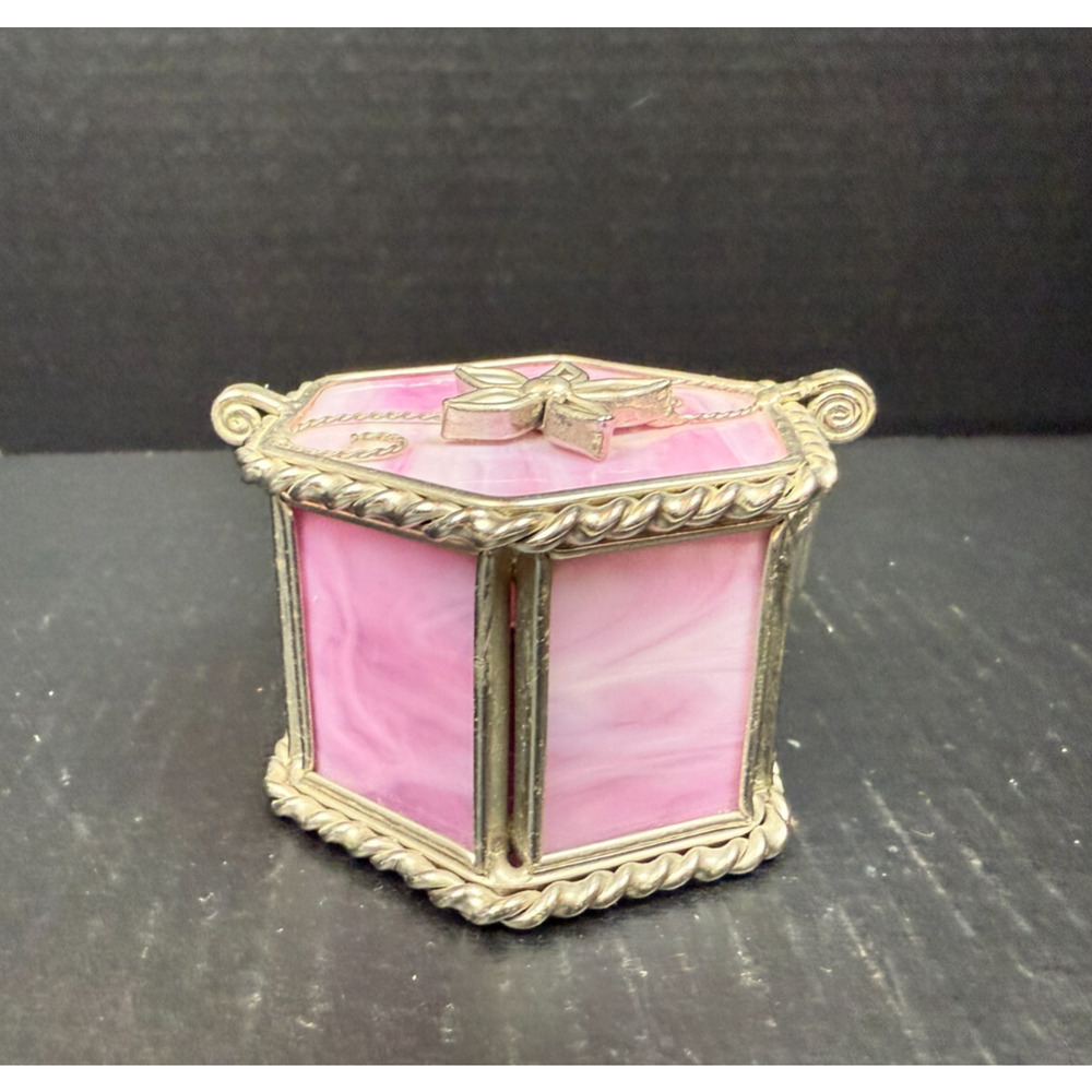 Stained Glass Trinket Box Hexagon Pink Flower Star Top Etched Glass Bottom - Picture 3 of 10